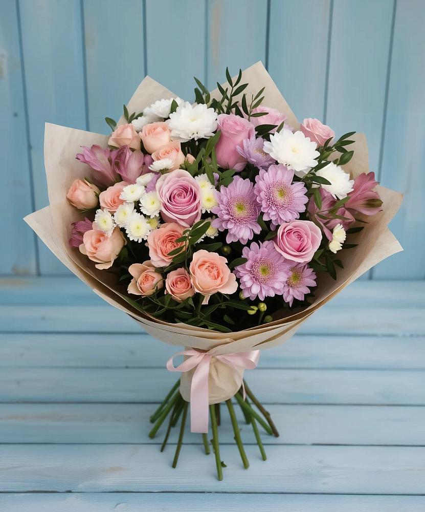 Букет цветов из: Хризантемы, Розы и Альстромерии в Рассыльной