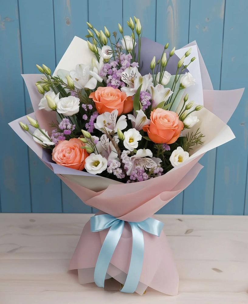 Букет цветов из: Лизиантусы, Розы, Альстромерии и Гипсофила в Рассыльной
