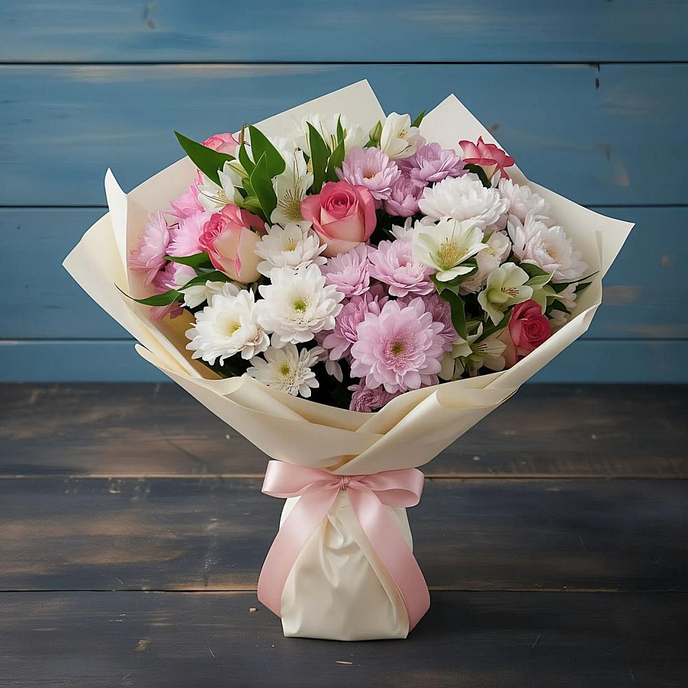 Букет цветов из: Хризантемы, Альстромерии и Розы в Рассыльной